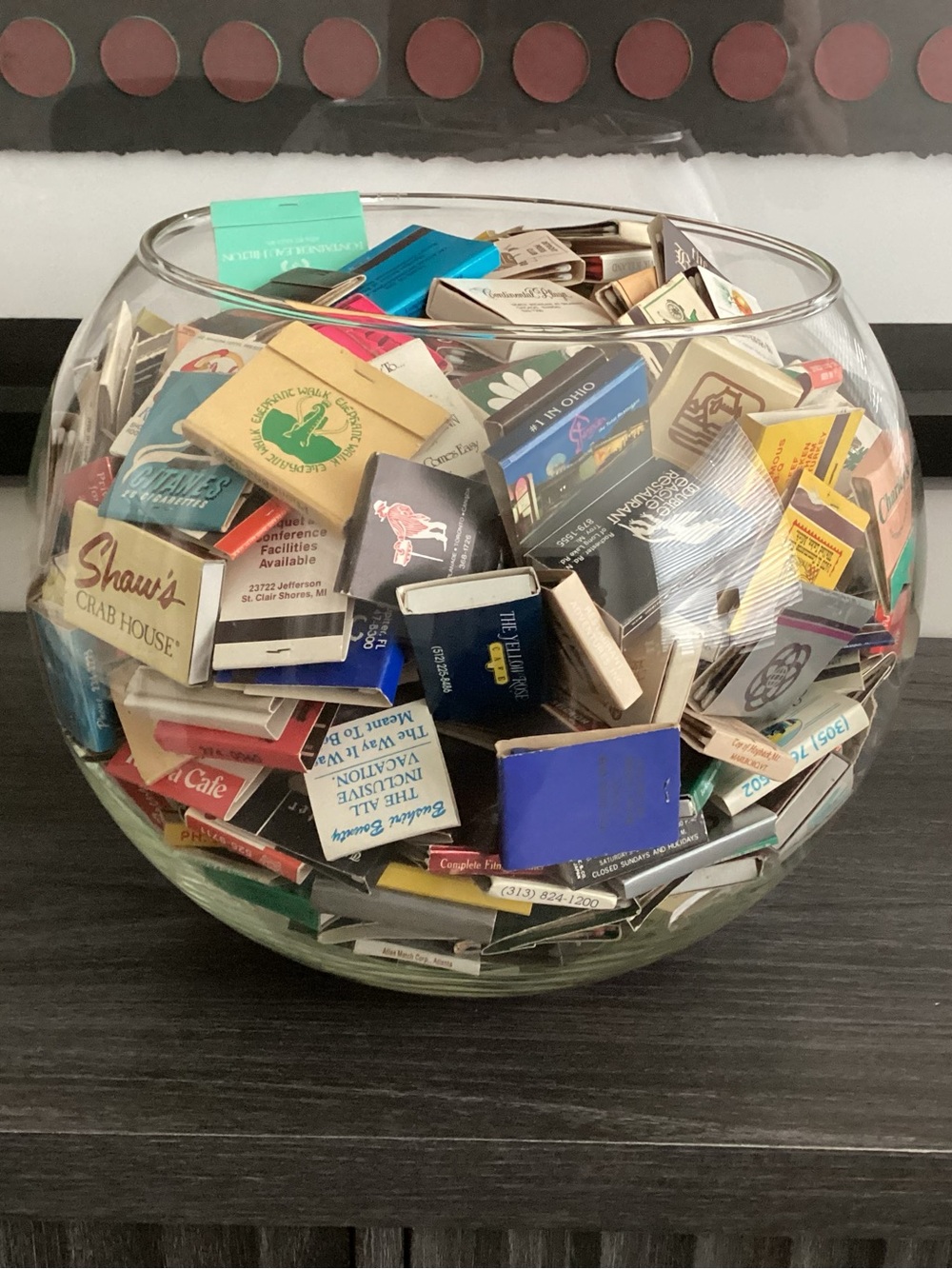 Vintage glass Fishbowl FULL of vintage MATCHES!!  Estimate 500 or more!